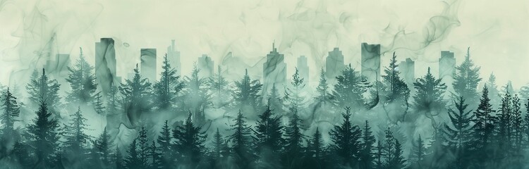 concept of a skyline and landscape of a city and the forest in black and white
