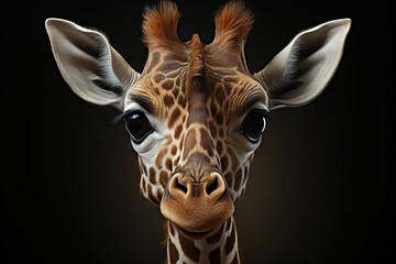 Close-up photo of a giraffe on a dark background. Generated by artificial intelligence