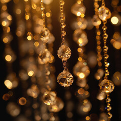 Close-up of crystal pendants of luxurious chandelier. Noble crystal rhinestones with glare of warm light. Shallow depth of field, blurred background.