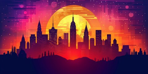 Pixelated Urban Skyline with Warm Sunset and Stars
