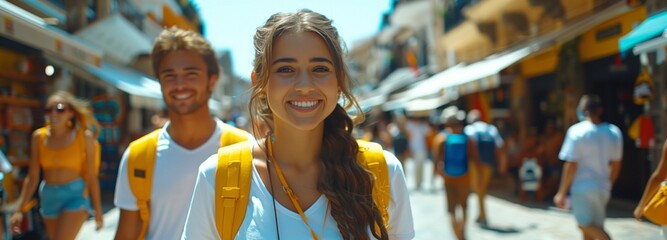 A man and a woman smiling as they stroll through the crowded city streets