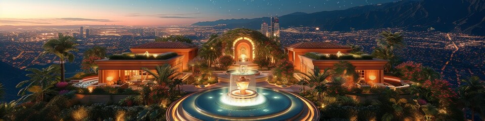 Grand Villa with Fountain at Twilight Overlooking City Lights - obrazy, fototapety, plakaty