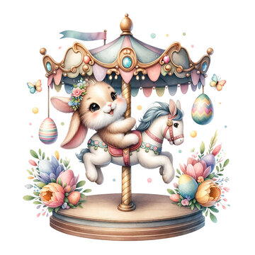 An endearing illustration of a fluffy bunny enjoying a whimsical carousel ride, surrounded by festive Easter eggs and soft spring flowers.
