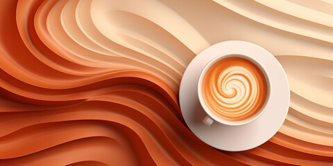 Coffee 3D background, a cup of coffee with latte art on a background of volumetric waves in brown tones	 - obrazy, fototapety, plakaty