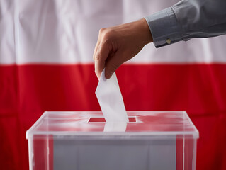 Hand casting a vote into a ballot box with a blurred Poland flag background, symbolizing national elections.