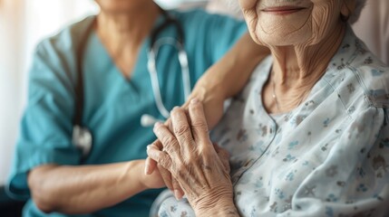 Elderly female hand holding hand of young caregiver at nursing home.Geriatric doctor or geriatrician concept. Doctor physician hand on happy elderly senior patient to comfort in hospital examination - obrazy, fototapety, plakaty