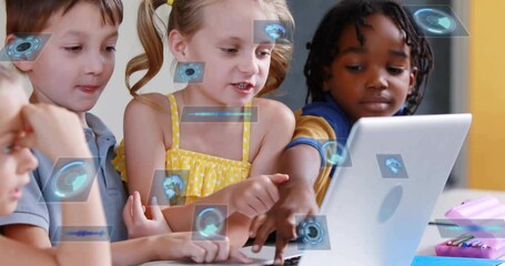 Animation of data processing with scope scanning over diverse schoolchildren using laptop - Powered by Adobe