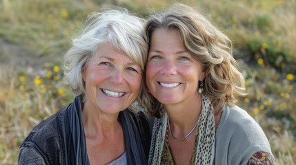 Fototapeta premium smiling senior woman and middle aged daughter outdoors closeup portrait