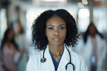 Portrait of young African-American female doctor with her colleagues in the background. - 744842334