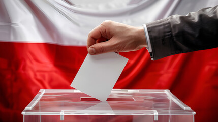Ballot insertion into a transparent voting box, a fundamental democratic process, patriotic Poland flag behind