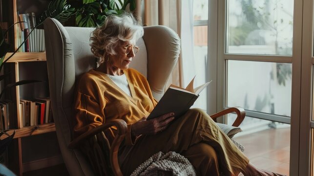 Senior Woman Relaxing In Chair At Home Reading Book
