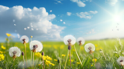 Beautiful spring meadow field with fresh grass and yellow dandelion flowers in nature against a blurry blue sky with clouds