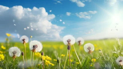 Crédence de cuisine en verre imprimé Prairie, marais Beautiful spring meadow field with fresh grass and yellow dandelion flowers in nature against a blurry blue sky with clouds