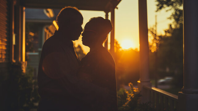 Silhouette of elder couple in sunset.
