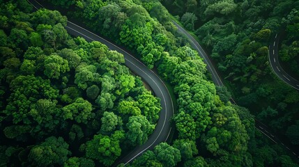 Aerial view of a curve road going through the middle of the forest