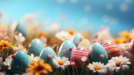 Celebrating the season of joy: happy easter, a festive mosaic of renewal and happiness, embracing traditions, egg hunts, and the spirit of joyous festivities in the bloom of spring. - obrazy, fototapety, plakaty