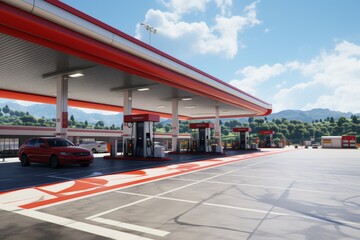 Serene landscape featuring a vibrant red gas station with a spacious canopy and numerous fuel pumps, set amidst a backdrop of verdant green trees and towering mountains in a tranquil rural environment - obrazy, fototapety, plakaty