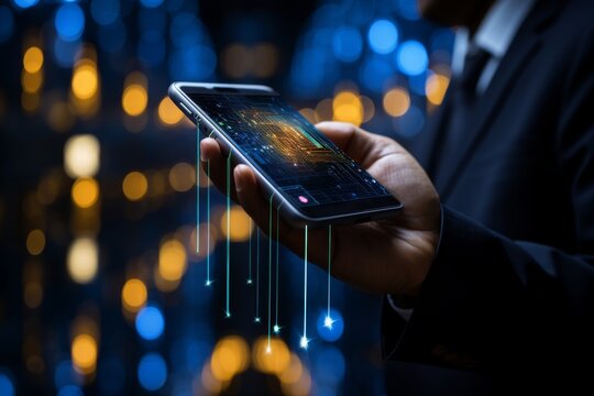 The image shows a businessman using a smartphone with a digital interface displaying stock market data and financial analysis.