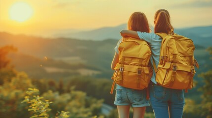 two women with backpacks are standing next to each other on top of a mountain - obrazy, fototapety, plakaty