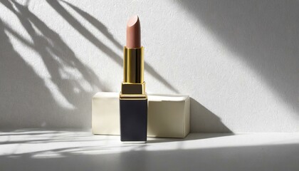 Beautiful nude lipstick make-up cosmetic in modern minimal style on white background with shadow.