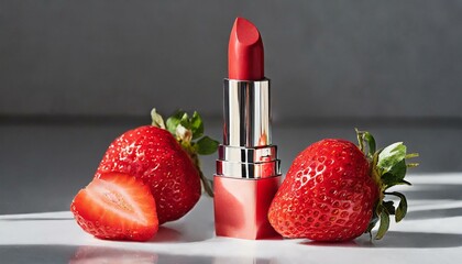 A lipstick makeup cosmetic of vibrant red color next to strawberries on white background with shadow