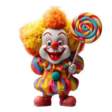 A playful 3D animated cartoon render of a clown happily holding a giant lollipop.