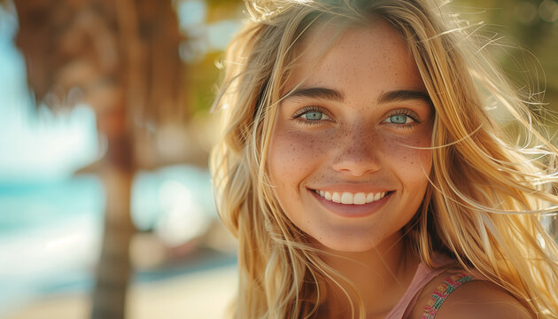 sensitive close-up face portrait of beautiful blonde hair young woman with clean skin and freckles, curly hair looking at camera. Gorgeous human beauty, fashion, vacations and skin care concepts