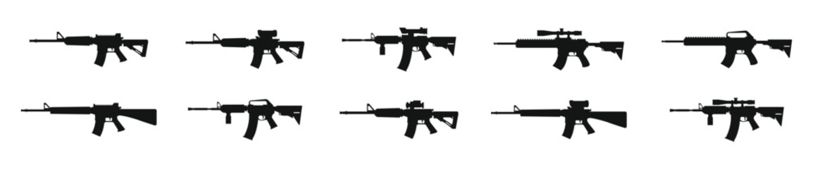 Weapons silhouette set. Firearms silhouettes. Weapon vector icons