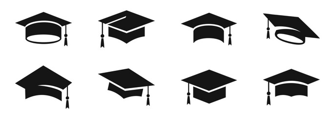 Graduation hat icons. Academic cap. Graduation student black cap. - obrazy, fototapety, plakaty