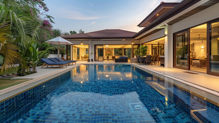 Obraz premium Grand Estate Featuring a Spacious Pool: Indoor and Outdoor Perspectives