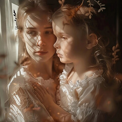 Madre e hija mirando por la ventana con amor. Generative AI. - obrazy, fototapety, plakaty