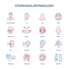 Otorhinolaryngology diseases vector icons. Medical icons.