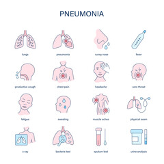 Pneumonia symptoms, diagnostic and treatment vector icons. Medical icons.