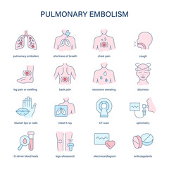 Pulmonary Embolism symptoms, diagnostic and treatment vector icons. Medical icons.