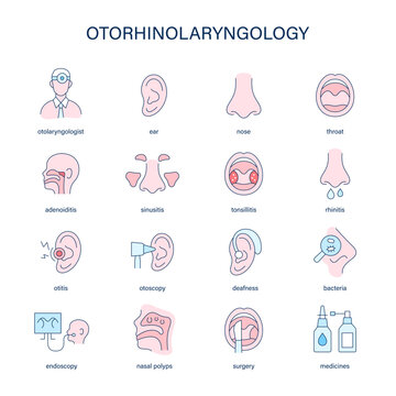 Otorhinolaryngology diseases vector icons. Medical icons.