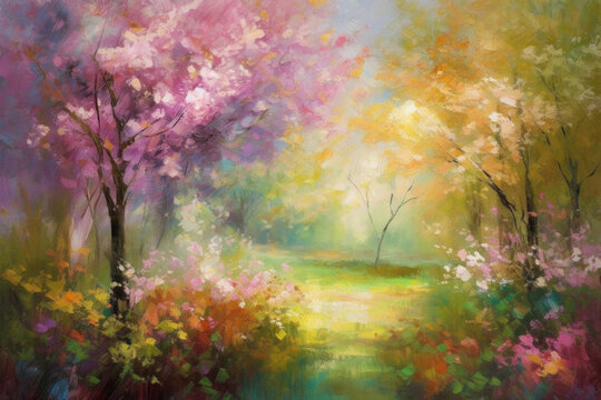 Spring landscape with colorful blooming trees and flowers in the ground. Delicate impressionistic painting.