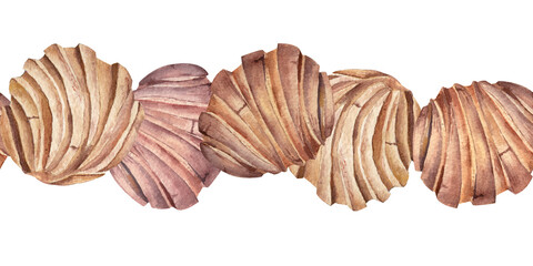 Watercolor banner with concha bread. Seamless pattern for your design. Spanish or mexican snack. Sweet dessert. Hand-drawn illustration isolated on transparen.