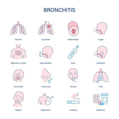 Bronchitis symptoms, diagnostic and treatment vector icons. Medical icons.