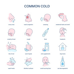 Common Cold symptoms, diagnostic and treatment vector icons. Medical icons.