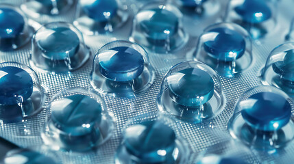 The image shows a close-up view of blue pills packaged in a blister pack. The pills are round and uniform in color, encased in a silver blister pack with a reflective surface. - obrazy, fototapety, plakaty