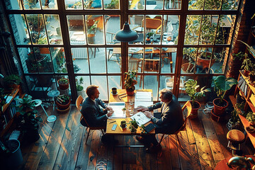 Two businessmen having a meeting in a rustic loft-style café with abundant natural light.