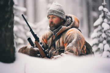 A man in camouflage with a gun sits in the snow in the forest