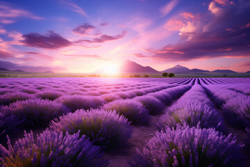 illustration of lavender field at sunset. Created with Generative AI