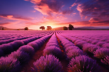 illustration of lavender field at sunset. Created with Generative AI