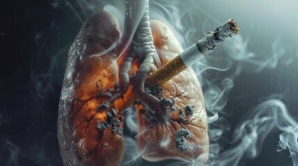 A smoker's lungs are spoiled sick from the tobacco smoke of cigarettes. The harm of smoking. banner - obrazy, fototapety, plakaty