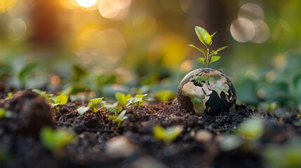 Globe ball with tree growing seedling that is about to be planted in the ground, symbolizing environmental protection.