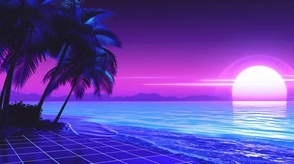 Foto op Plexiglas Futuristic retro landscape of the 80`s. Futuristic illustration of sun with mountains in retro style. Digital Retro Cyber Surface. Suitable for design in the style of the 1980`s.   © acid2728k
