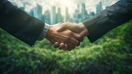 Handshake business with city and nature background esg concept