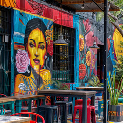 Colorful Street Art on Urban Cafe Exterior