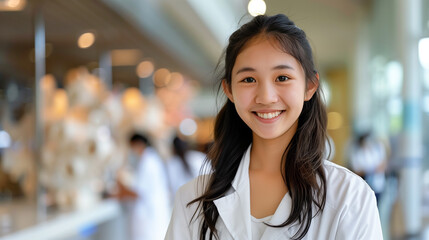 Obraz premium A female asian healthcare student wearing white medical coat smiling at camera on blurred background of medical university.